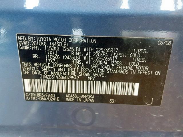 JTMZD31V386079549 - 2008 TOYOTA RAV4 LIMIT BLUE photo 10