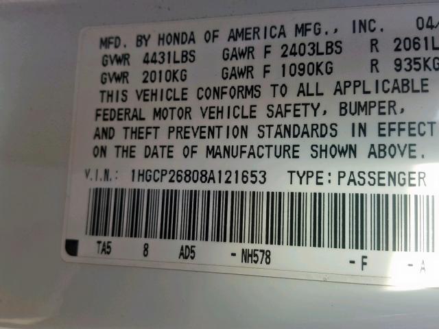 1HGCP26808A121653 - 2008 HONDA ACCORD EXL WHITE photo 10