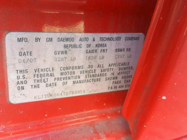 KL1TD66647B789954 - 2007 CHEVROLET AVEO BASE 红色 照片 10