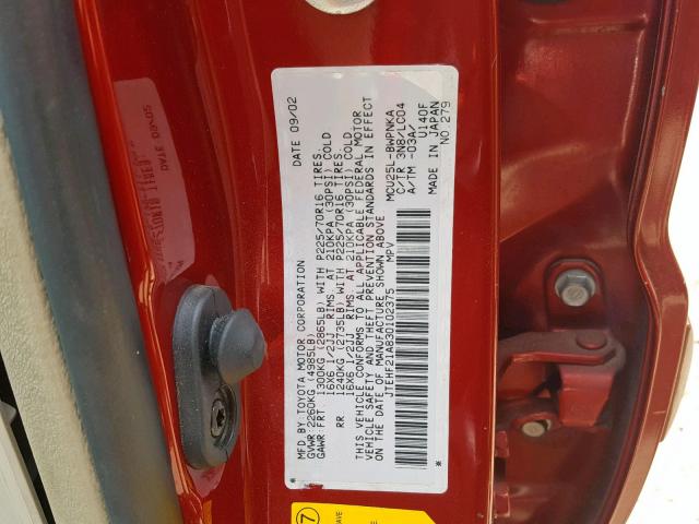 JTEHF21A830102375 - 2003 TOYOTA HIGHLANDER RED photo 10