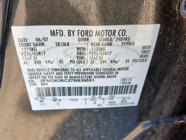 2FMDK36C27BB39551 - 2007 FORD EDGE SE GRAY photo 10