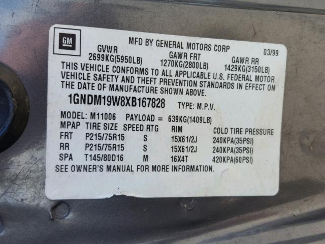 1GNDM19W8XB167828 - 1999 CHEVROLET ASTRO GRAY photo 10