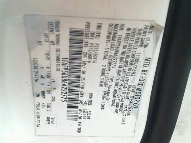 1FAFP56U86A222775 - 2006 FORD TAURUS SEL WHITE photo 10