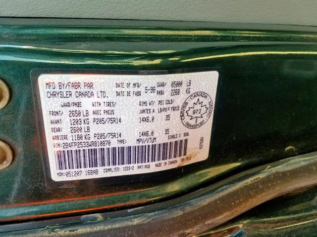 2B4FP2533WR810870 - 1998 DODGE CARAVAN GREEN photo 10