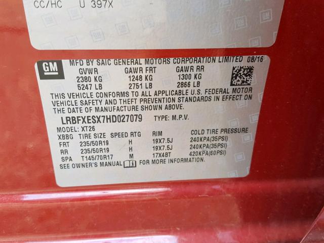 LRBFXESX7HD027079 - 2017 BUICK ENVISION P RED photo 10
