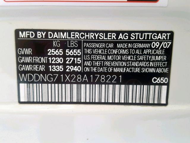 WDDNG71X28A178221 - 2008 MERCEDES-BENZ S 550 WHITE photo 10