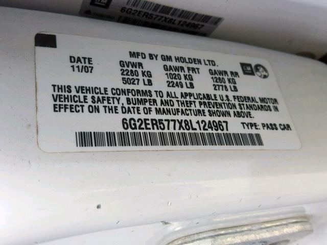 6G2ER577X8L124967 - 2008 PONTIAC G8 WHITE photo 10