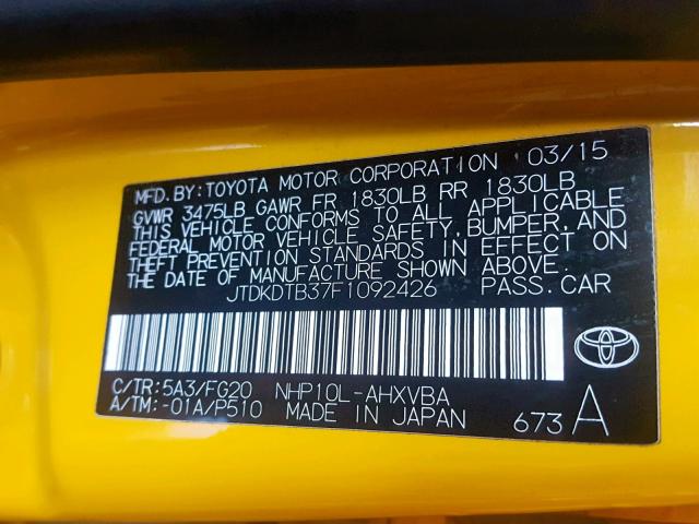 JTDKDTB37F1092426 - 2015 TOYOTA PRIUS C YELLOW photo 10