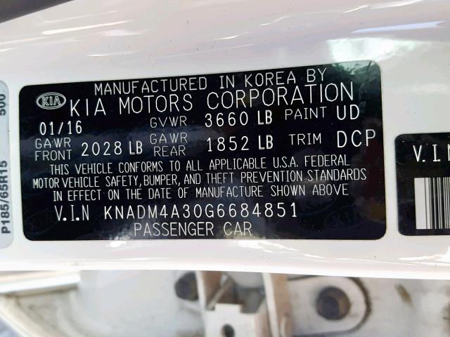 KNADM4A30G6684851 - 2016 KIA RIO LX WHITE photo 10