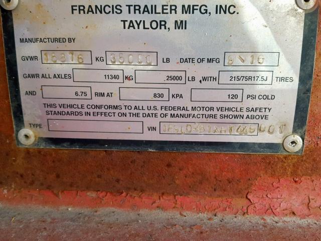 1F9LD281XHT449001 - 2017 FRAN TRAILER RED photo 10