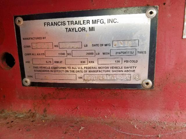 1F9PD2811HT449003 - 2017 FRAN TRAILER RED photo 10