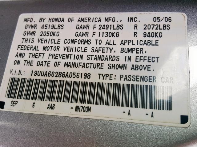 19UUA66286A056198 - 2006 ACURA 3.2TL SILVER photo 10