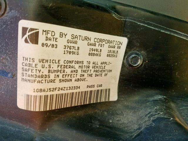 1G8AJ52F24Z132334 - 2004 SATURN ION LEVEL SILVER photo 10