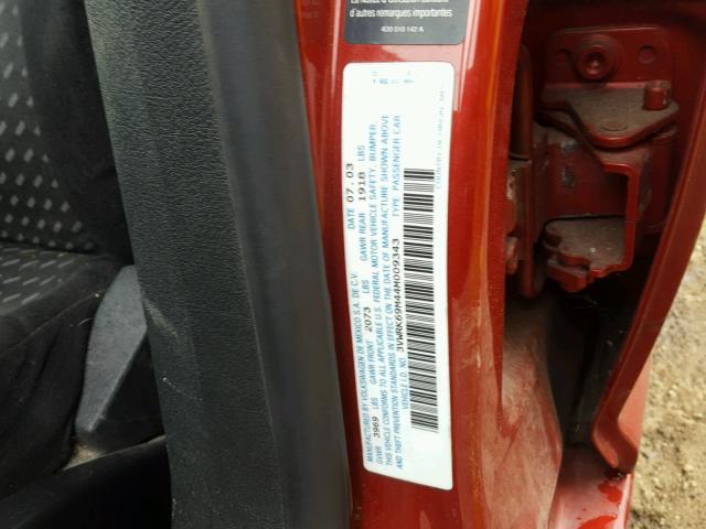 3VWRK69M44M009343 - 2004 VOLKSWAGEN JETTA GL RED photo 10