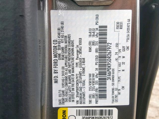 3FA6P0K95DR267972 - 2013 FORD FUSION TIT GRAY photo 10