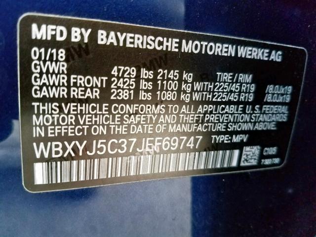 WBXYJ5C37JEF69747 - 2018 BMW X2 XDRIVE2 BLUE photo 10