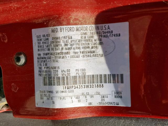 1FAFP34353W321888 - 2003 FORD FOCUS SE C RED photo 10