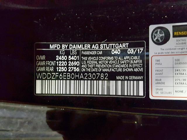 WDDZF6EB0HA230782 - 2017 MERCEDES-BENZ E 43 4MATI BLACK photo 10