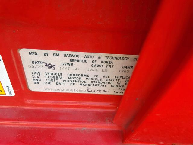 KL1TD66698B108821 - 2008 CHEVROLET AVEO BASE Қызыл фото 10