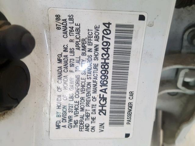 2HGFA16998H349704 - 2008 HONDA CIVIC EXL 白色 照片 10