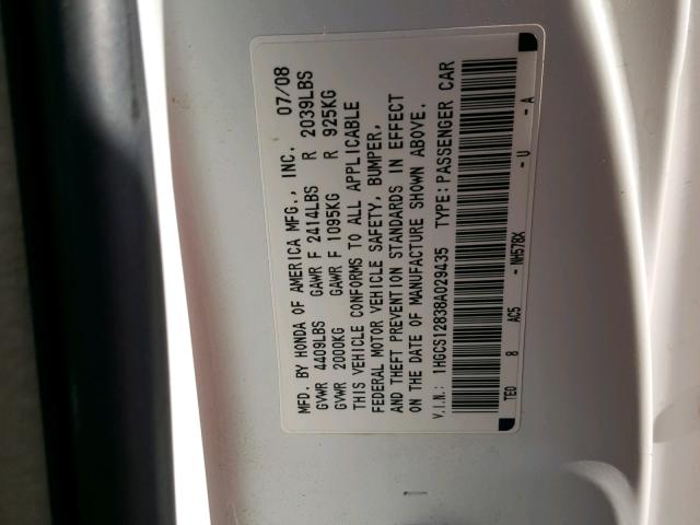 1HGCS12838A029435 - 2008 HONDA ACCORD EXL WHITE photo 10