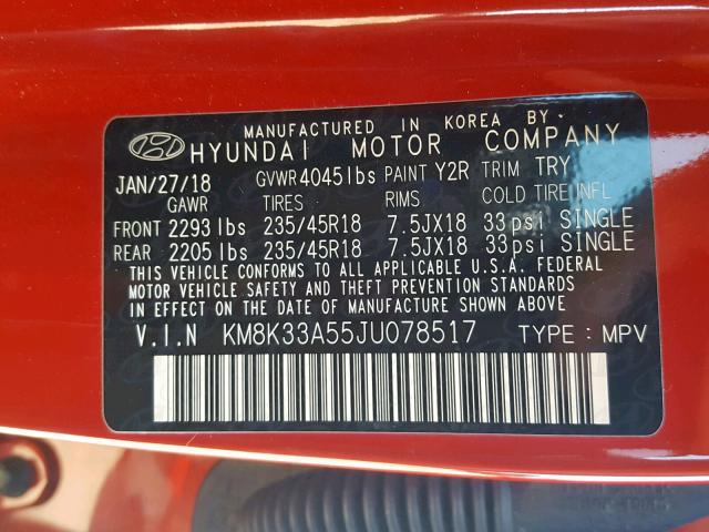 KM8K33A55JU078517 - 2018 HYUNDAI KONA LIMIT RED photo 10