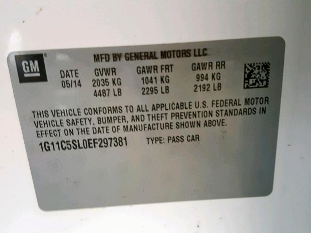 1G11C5SL0EF297381 - 2014 CHEVROLET MALIBU 1LT 白色 照片 10