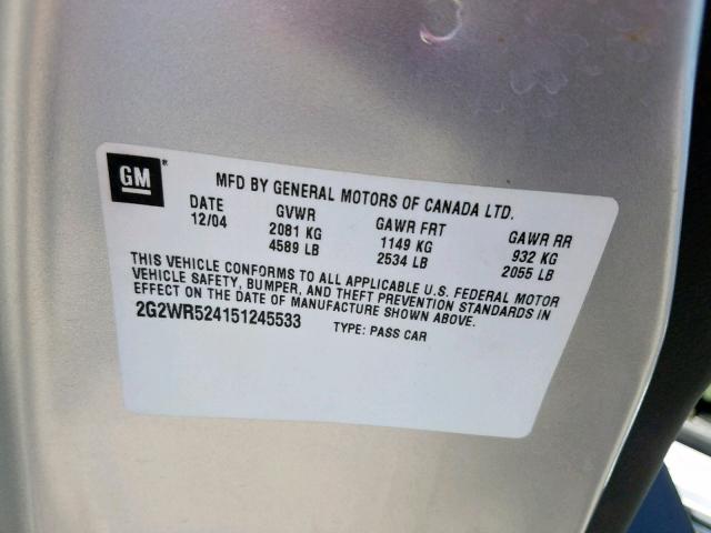 2G2WR524151245533 - 2005 PONTIAC GRAND PRIX SILVER photo 10