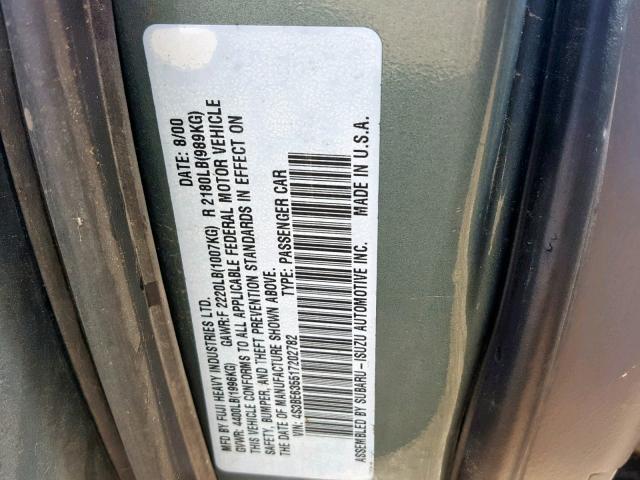 4S3BE635517202782 - 2001 SUBARU LEGACY L GREEN photo 10