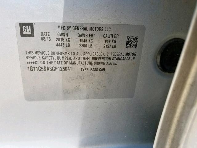 1G11C5SA3GF125041 - 2016 CHEVROLET MALIBU LIM SILVER photo 10