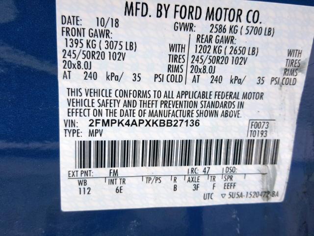 2FMPK4APXKBB27136 - 2019 FORD EDGE ST BLUE photo 10