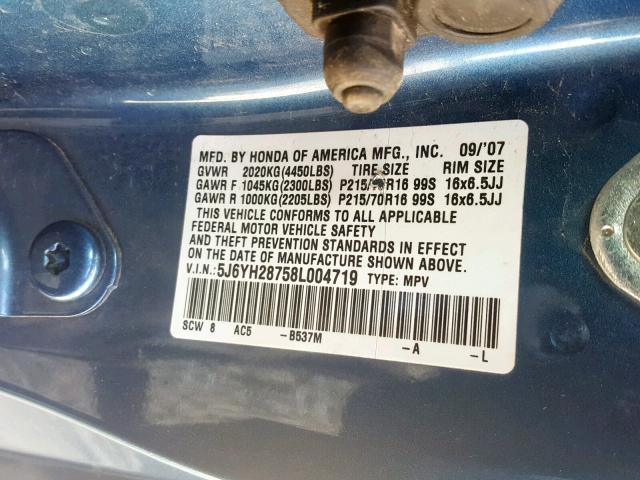 5J6YH28758L004719 - 2008 HONDA ELEMENT EX BLUE photo 10