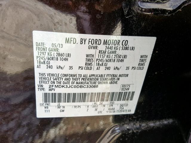 2FMDK3JC0DBC33088 - 2013 FORD EDGE SEL BLACK photo 10