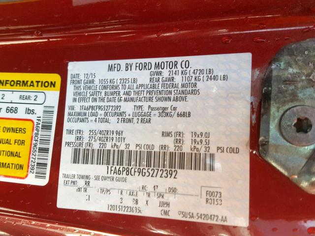 1FA6P8CF9G5272392 - 2016 FORD MUSTANG GT RED photo 10