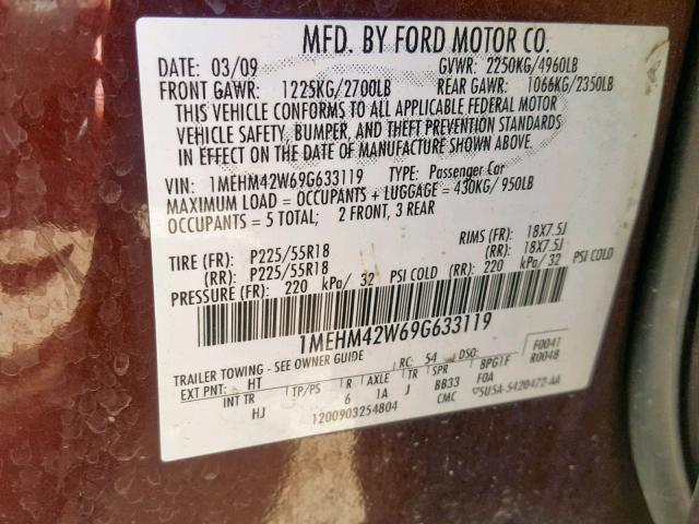 1MEHM42W69G633119 - 2009 MERCURY SABLE PREM BURGUNDY photo 10