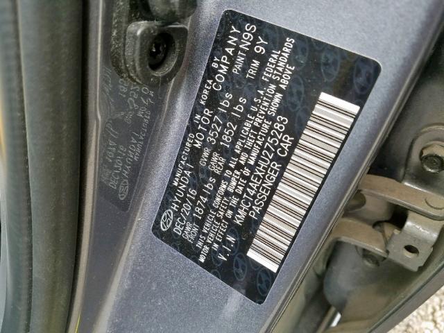 KMHCT4AEXHU275283 - 2017 HYUNDAI ACCENT SE GRAY photo 10