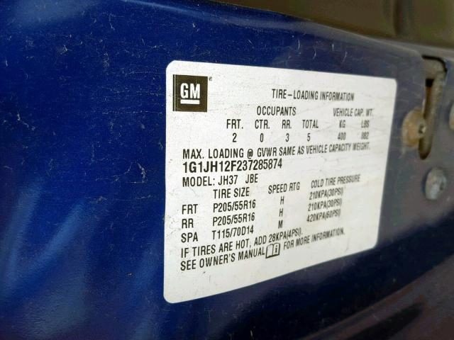 1G1JH12F237285874 - 2003 CHEVROLET CAVALIER L BLUE photo 10