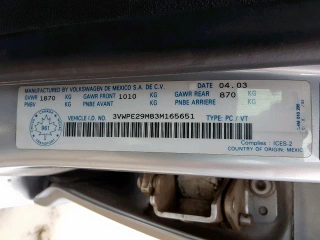 3VWPE29M83M165651 - 2003 VOLKSWAGEN JETTA WOLF SILVER photo 10