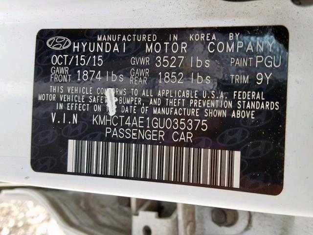 KMHCT4AE1GU035375 - 2016 HYUNDAI ACCENT SE WHITE photo 10