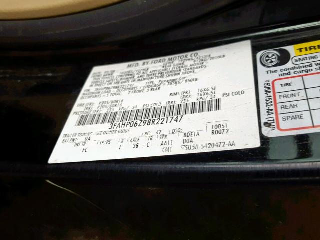 3FAHP06Z98R221747 - 2008 FORD FUSION S BLACK photo 10