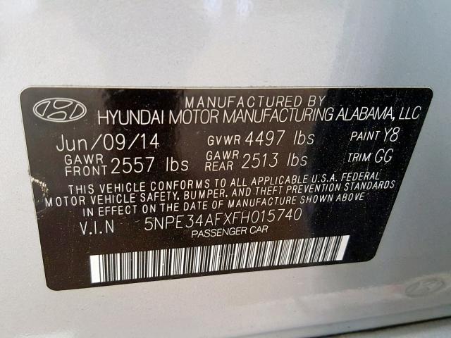 5NPE34AFXFH015740 - 2015 HYUNDAI SONATA SPO SILVER photo 10