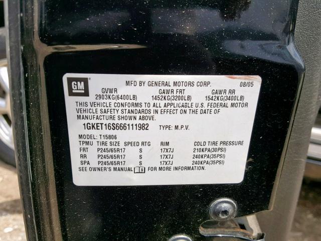 1GKET16S666111982 - 2006 GMC ENVOY XL BLACK photo 10