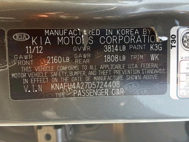 KNAFU4A27D5724408 - 2013 KIA FORTE EX CHARCOAL photo 10