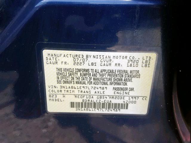 3N1AB61E97L724989 - 2007 NISSAN SENTRA 2.0 BLUE photo 10