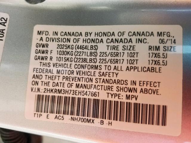 2HKRM3H73EH547661 - 2014 HONDA CR-V EXL SILVER photo 10