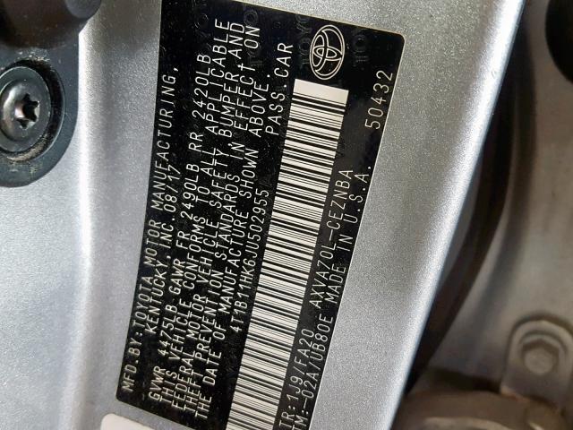 4T1B11HK6JU502955 - 2018 TOYOTA CAMRY L SILVER photo 10