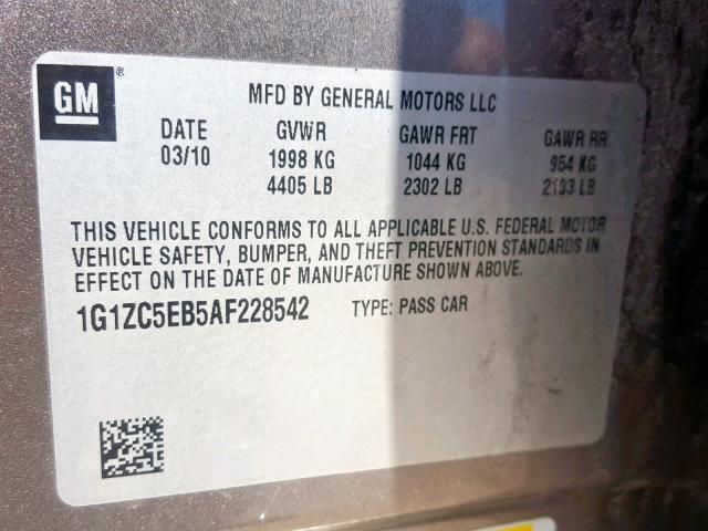 1G1ZC5EB5AF228542 - 2010 CHEVROLET MALIBU 1LT 棕色 照片 10