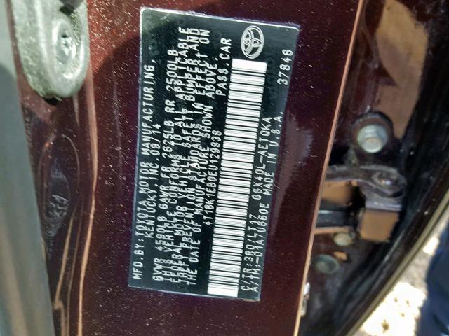 4T1BK1EB0EU129838 - 2014 TOYOTA AVALON BAS BURGUNDY photo 10