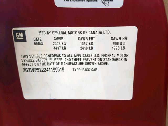 2G2WP522241199519 - 2004 PONTIAC GRAND PRIX RED photo 10