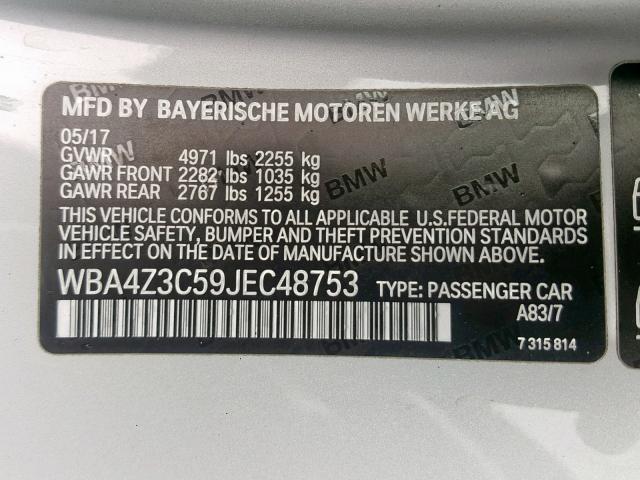 WBA4Z3C59JEC48753 - 2018 BMW 430XI SILVER photo 10